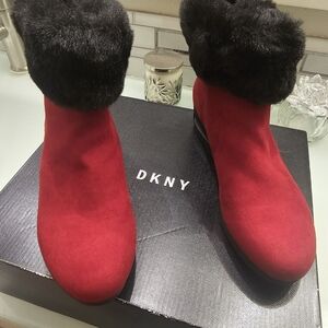 DKNY Women's Vibrant Red Winter Boots with Black Fur Trim